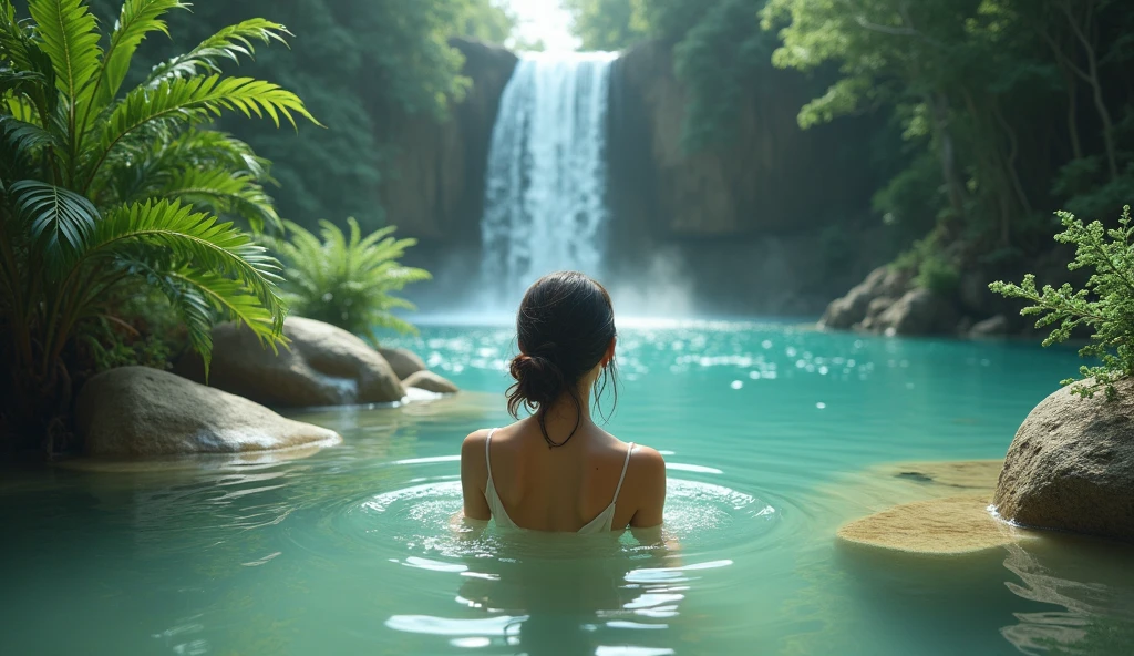 there is a brunette woman laying in a hot tub, outdoors, spa, hot tub, feeling the nature, very close to real nature, view from behind, in the jungle, gorgeous view, backview, view from the back, great view, sexy hot body, pawg, in a luxurious pool, big booty, bathing