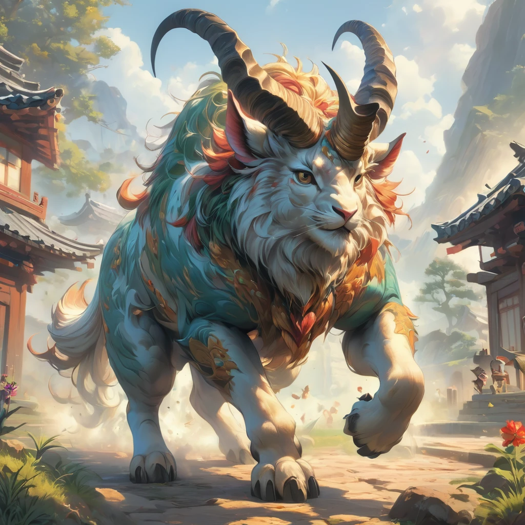 Draw a concept art painting with Chinese dragon and cow on a mountain with sky background，And incorporate elements of Chinese fantasy。