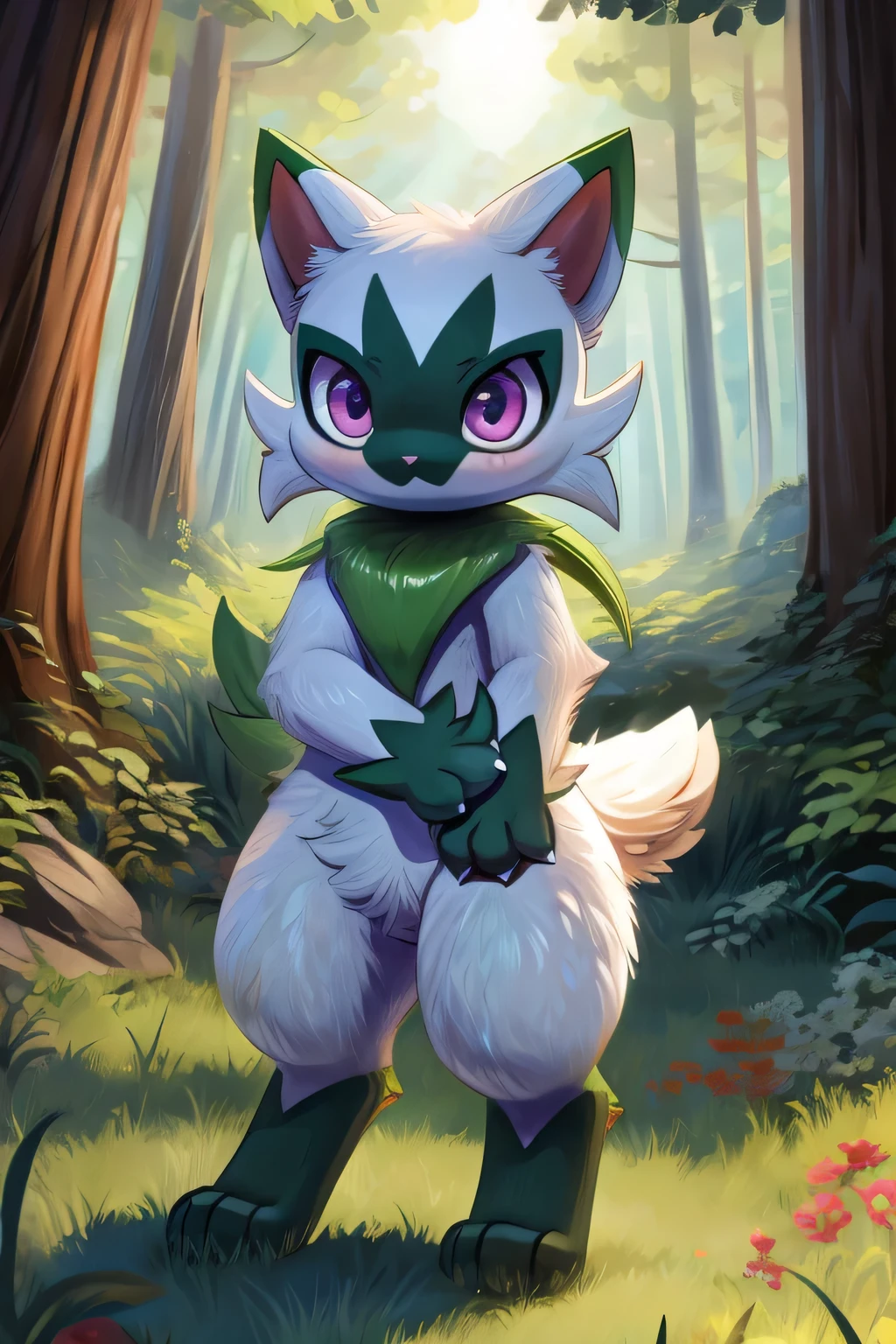 Floragato, furry pokemon, cat, feet, Only, (Body fur:1.2), (Best quality), (Detailed fluffy fur:1.1), Animal hands, tail, shiny pokemon, female, purple eyes, solo, forest, day, worried expression, standing position