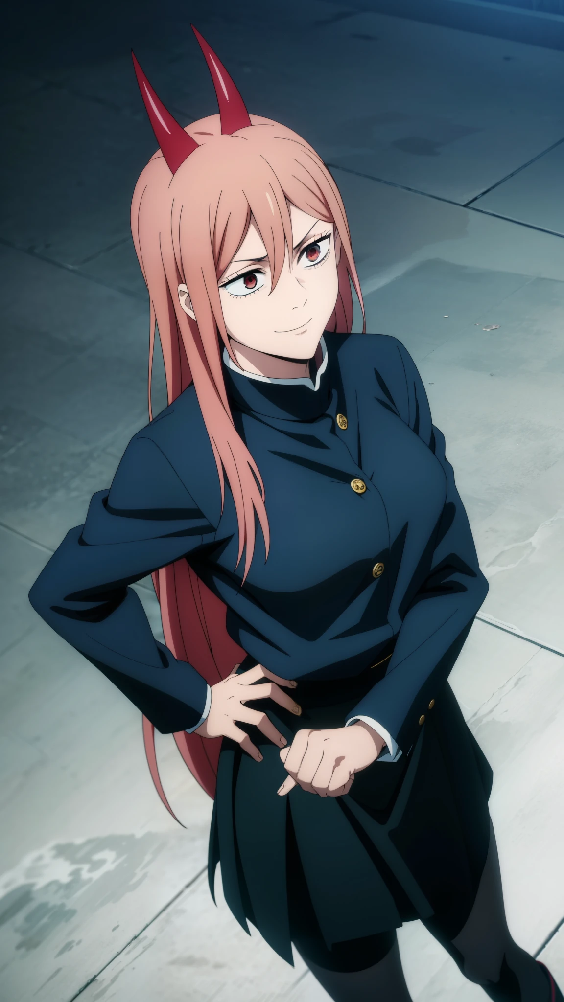 (high-quality, breathtaking),(expressive eyes, perfect face) 1girl, female, solo, teenager, pink hair, yellow and red eye color, long hair length, looking at viewer, half body, bright smile, kind face, cheerful expression, red sharp horns, anime shark teeth, dark black blue long sleeved shirt, collared shirt, ((dark black blue Skirt)), black thigh high socks, absolute territory jujutsu kaisen uniform, jujutsu high school uniform, flowy hair, feminine face, long straight hair, grey background, portrait, stylized hairstyle, Power from chainsaw man inspired, powers eyes design