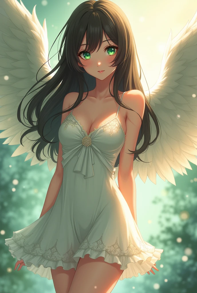 A girl wearing blue angel wings, sunlight shining on her face, eyes looking straight ahead, tulips in her hair, skin as white as a peeled egg, long black hair in pigtails, and a pair of breasts. seductively large and covered with a purple bra, wearing a short purple dress, standing in a muddy pond