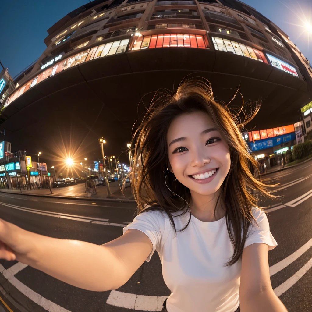 xxmixgirl,1 girl, Fisheye Lens, Self Snap, Wind, Messy Hair, sunset, Cityscape, (Aesthetics and atmosphere:1.2), Gray Hair,smile,Movie Girl、Big Breasts:0.2、Cleavage:0.4