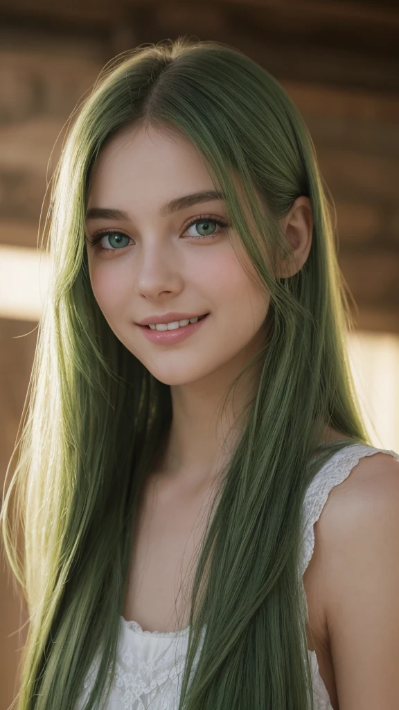 a girl. european. extremely detailed face. oval face. delicate features. green eyes. beautiful eyes. long straight hair. green hair. gentle expression. smiling