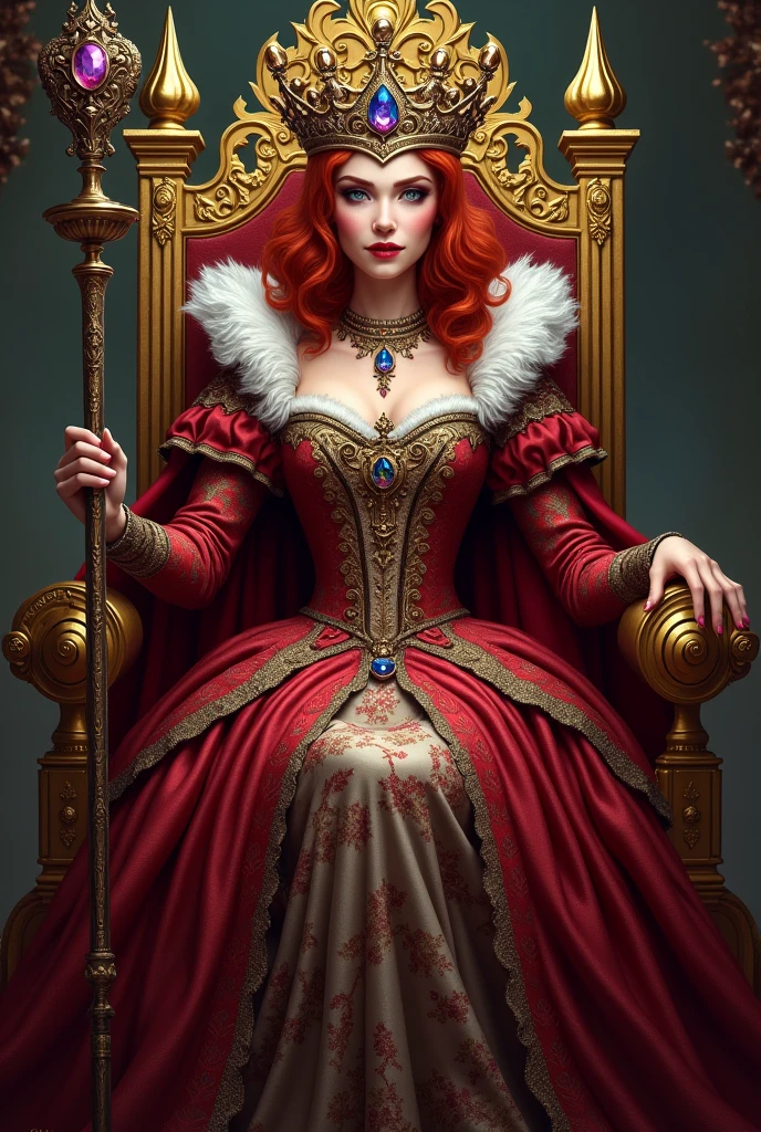 （Red curly hair），Queen，Queen Clothing，Holding a love staff，Red lipstick，(the red queen，Disney Villains)，Big Head，Pale skin，Villains，Sitting on the throne，accessories，poker，Blue Eyeshadow