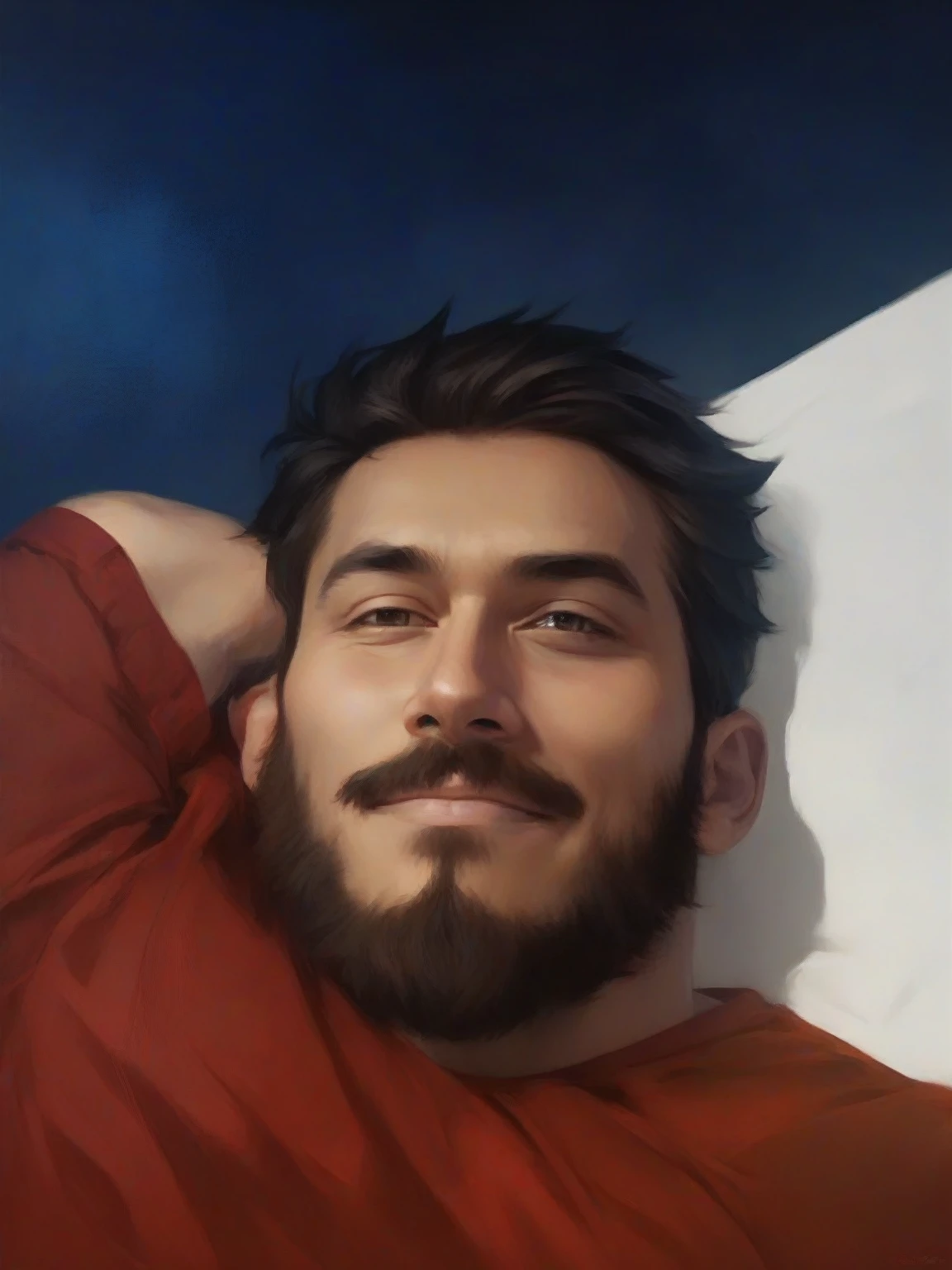 there is a man with a beard and a red shirt restingbon his arm, stanely artgerm, artgerm portrait, style of stanley artgerm, stanley artgerm lau, artgerm and genzoman, fantasy art smug smile man, epic portrait illustration, character art portrait, epic character portrait, range murata and artgerm, high quality portrait