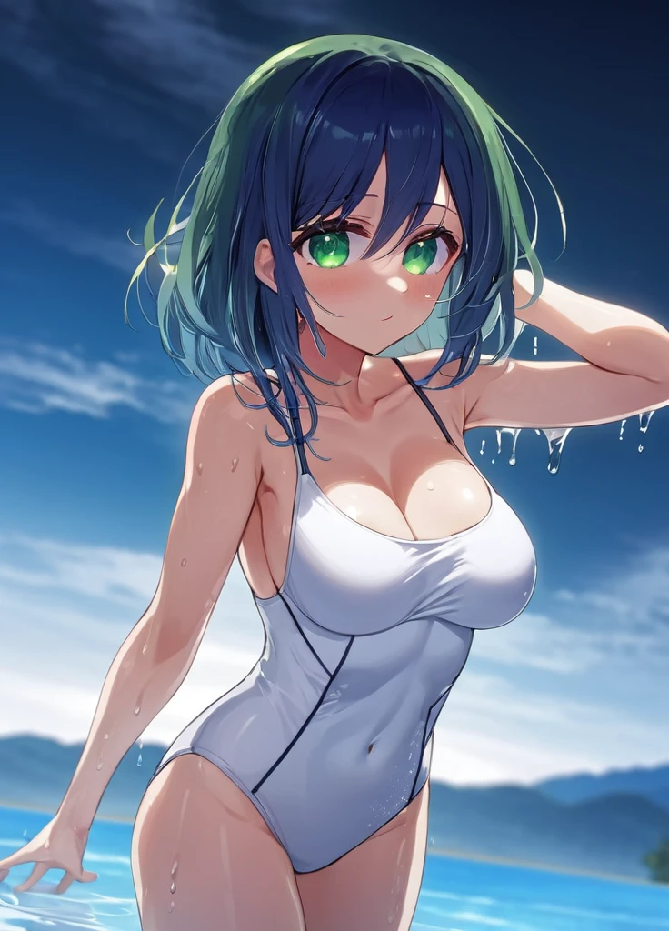 (8k, best quality, masterpiece:1.2),(best quality:1.0),ultra highres:1.0,  extremely detailed, render, 4k, absurdres, HDR, looking at viewer, 
mer1, short hair, blue hair, micro bikini, wet body:2, sexy, lips, parted lips, smiling, medium breasts, medium full shot, beach, hawaii, water, sea, wind, breeze:1.2