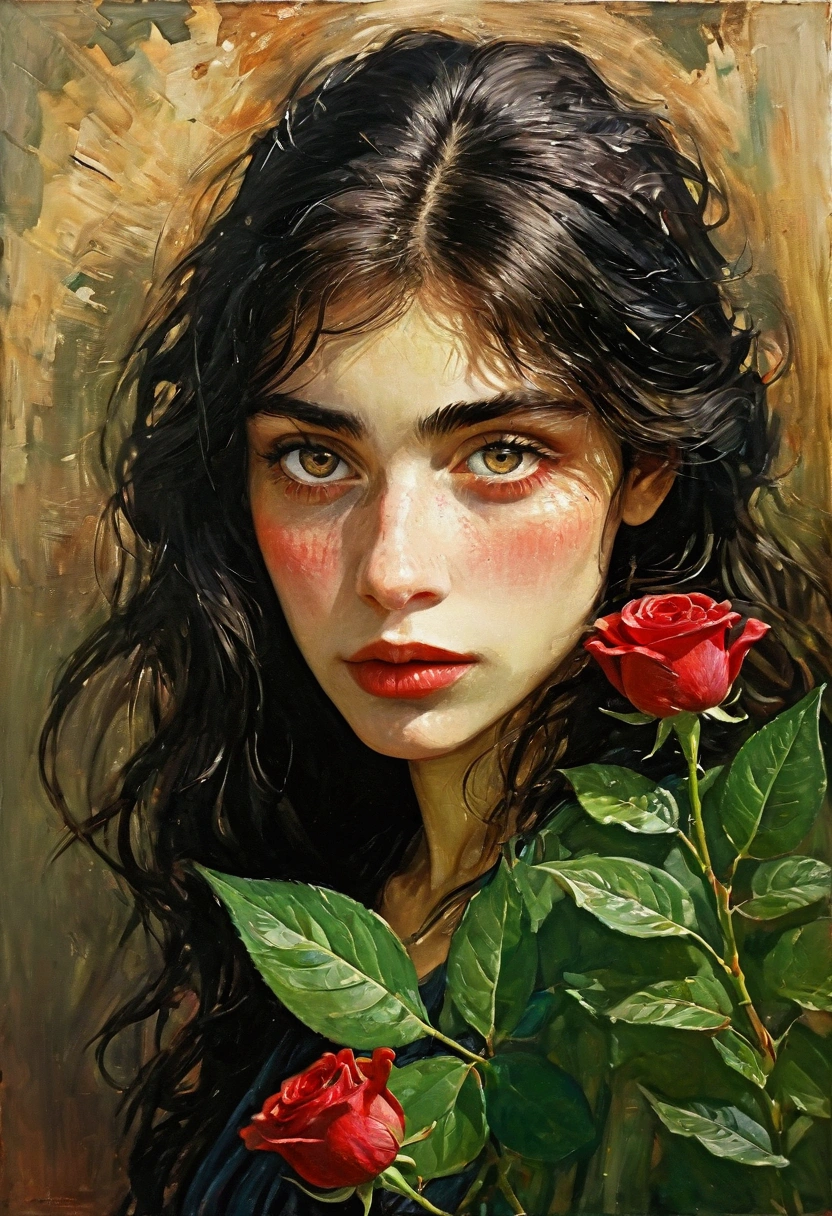 (style of Oskar Kokoschka:1.2),(abstract expressionism art:1.2),girl,plants,love,rose for eyes,bright color theme,colorful,visually stunning,beautiful,gorgeous,emotional,intricate,perferct shading