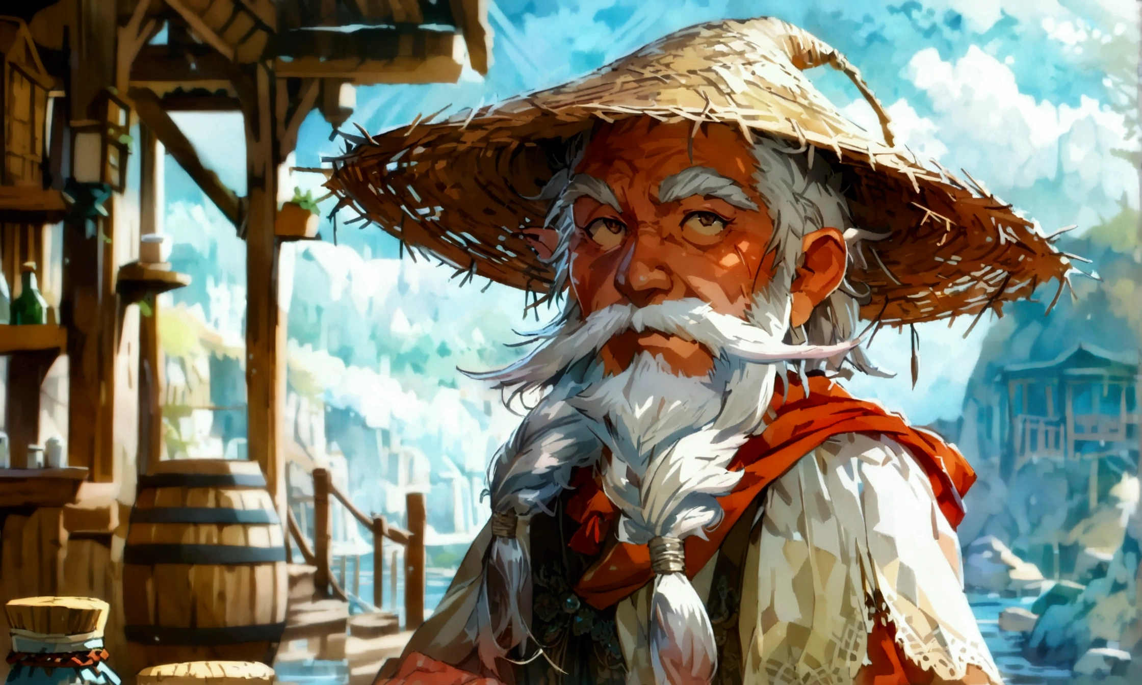  of a fairy, thin beard, white stripes on hands and feet, round eyes, pointed nose, straw hat, wide pants, beggar's clothes, water bottle at waist, tavern scenery, ((Fantasy anime character design)), ((Stunning lighting)), ((Fine lines)), ((Stunning character focus)), ((Detailed face)), ((Stunning graphics)), ((Detailed strokes)), ((Blurred background)), ((Ultra-fine 2D design)), ((Creative scenery)), ((Best quality 2D strokes)), ((Best quality)), ((High-octane rendering)), ((8K anime style)), ((Full body))