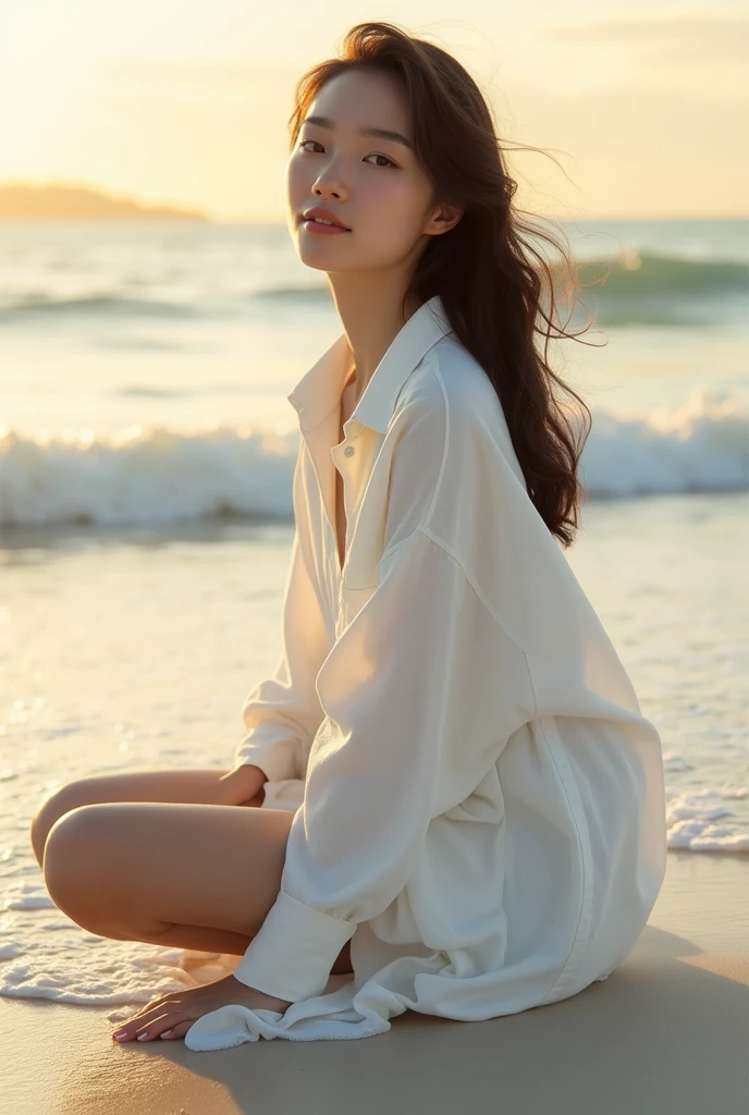 bf_shirt_nopants, ,8k, (sexy),cute,(realistic:1.1), (photorealistic:1.1), (masterpiece:1.1), (best quality:1.1), RAW photo, highres, ultra detailed, High detail RAW color photo,professional photograph,masterpiece, best quality,realistic,realskin,1girl,low_key,solo,lighting,long hair,,wet, beach,sunset,sunrise,dusk,bird,wave,
beautiful detailed eyes,(nose blush),(sitting),
(detailed face:1.2),extremely beautiful face,