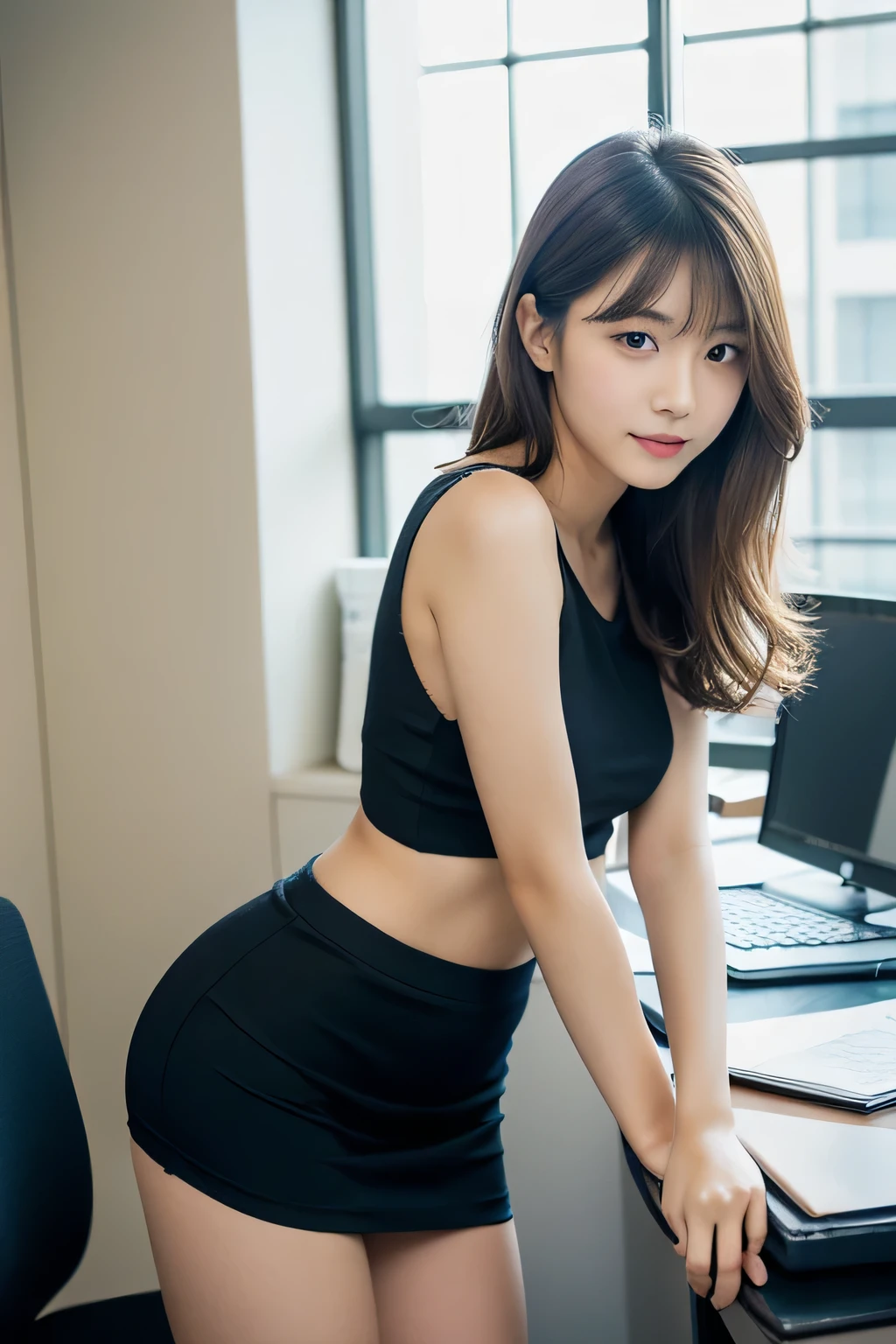 (((perfect anatomy))),(((A cool office lady from a prestigious company with beautiful long chestnut hair who sits at her desk and operates a computer.))),Make your work easier by wearing stilettos with a recruiting suit top and bottom々Full body photo of a working office lady,A cute office lady wearing a navy blue suit, knee-length tulip skirt, white long sleeves, high neck, and a necklace.,(((Ulsan-6500))),(((Beautiful background bokeh with deep depth of field created by Hasselblad))),sexy waist,masterpiece,highest quality,ultra high resolution,High detailed profile portrait,tall nose and beautiful face,limbs like a model,The fair-skinned nape of the neck is dazzling,(((Her slim waist and stunning  are a beauty that captivates everyone who sees her.))),Sitting in an office chair with his chin set and his knees together looking happy.,((Photo taken from the side)),cute 20 year old, Her long, beautiful, lustrous chestnut hair is tied up in a bun, and the nape of her neck is cute.,(Her proud F cup  shine),long eyelashes and large eyes,,Clear double eyelids,((Glossy thick lips)),perfect ,