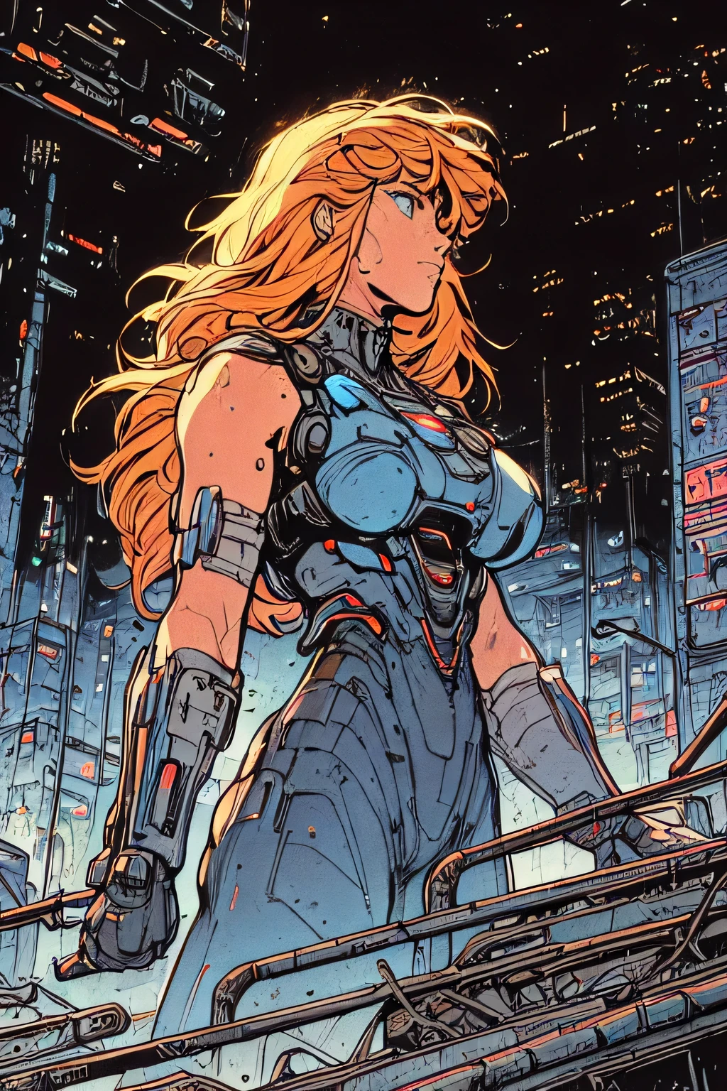 Masterpiece, professional, award-winning, intricate details, ultra high detailed, 64k, volumetric light, dynamic lighting, Movie Aesthetic, action shot, style by Travis Charest and Phil Noto (colored), ((Cyberpunk future)), image of the center of a cyberpunk city, surrounded by buildings with a river in the middle, ferry in the city, yellow ferry, point crossing the city, advertising signs everywhere, retro future