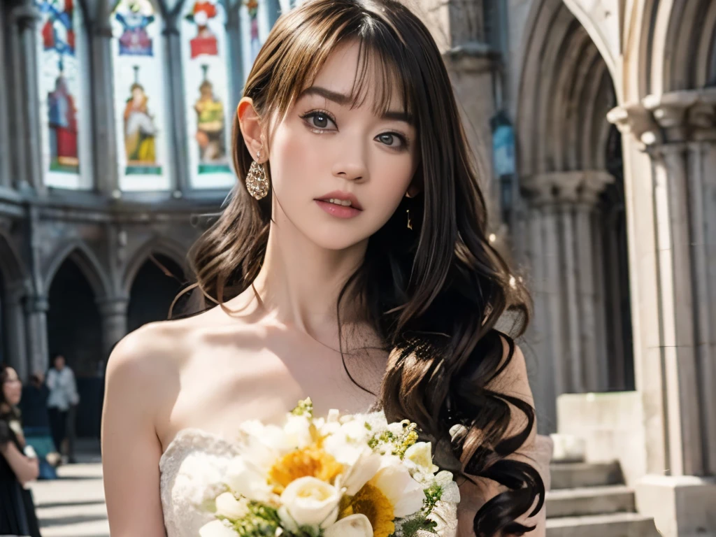 ultra HD, masterpiece, Highest quality, Just One Girl, very pretty,Nice face, Detailed eyes, Lol, Glossy Lips, Detailed eyes, beautiful, sweet, sun glare,red color wedding dress, Depth of written boundary, Blurred Background, with a cathedral background, Particles of light, very Long Hair、bangs,At church,tears