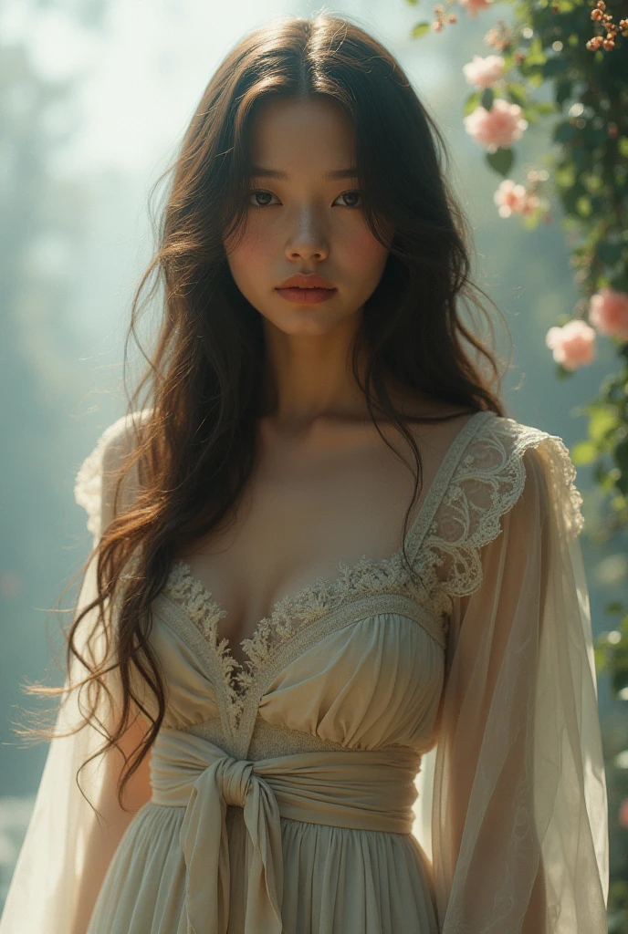 close-up photo Body image of Korean star Go Youn Jung.
A beautiful, white-skinned Korean woman (long brown hair) (posing outside among the shores of grassy grasslands outside Chengdu:1.1) A crowded street with a cafe in the distance. Cold dark sunset at Dusk, Flare, Orange-red glow (Brimlight:1.1) (Wearing a cotton-linen blend Victorian lace slate collar and long gloves:1.1) Garter belt. (slightly bust) (hands behind head) (focus on eyes), angel, beautiful face, (annoyed look), (strong light on skin:1.2), (hard shadow, dark theme, non-flammable, dim light, contrast Depth:1.1), (Korean style portrait photography),