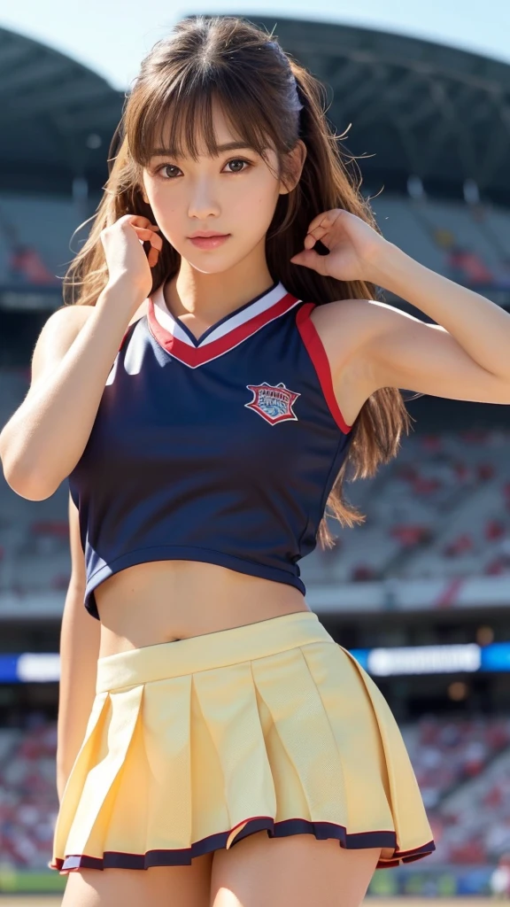 ((((whole body:1.3),1 girl, alone, Japanese Girls, Junior high school girl、12 years old, (highest quality, Realistic, High resolution, 8k, Very detailed, Detailed face, Shiny skin), Black Hair, ragged bangs, ponytail,smile,(whole bodyショット),Cheerleader uniform,Pink sneakers,Are standing,Baseball Stand,The face is looking at the viewer,Perfect hands,Perfect legs,I have a pom-pom,A dynamic pose