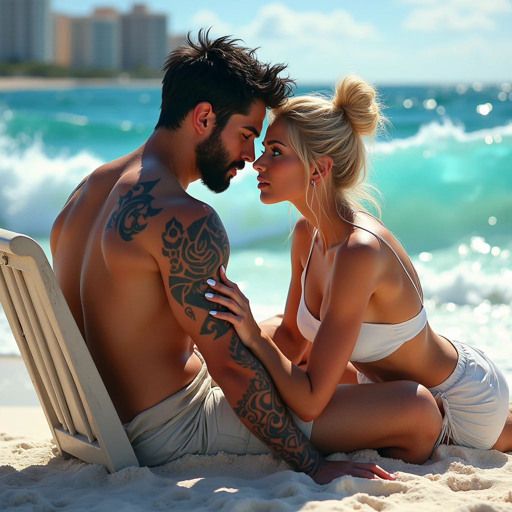 A beautiful Instagram model, (long black hair , with her boyfriend, blonde, tattoos, beach hair