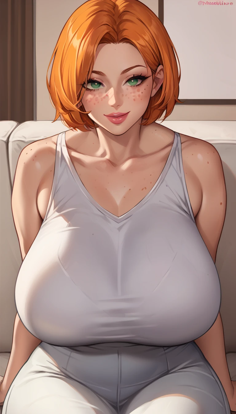 1girl, mature female, older, massive breasts, milf, motherly, wide hips, curvy, short hair, straight hair, orange hair, green eyes, freckles on cheeks, collarbone, lips, score_9, score_8_up, score_7_up, score_6_up, source_anime, Accurate describe shapes, beautiful face, expressive eyes, looking at viewer, solo, close-up, sitting, sofa, indoors, scenery, dramatic lighting, seductive smile