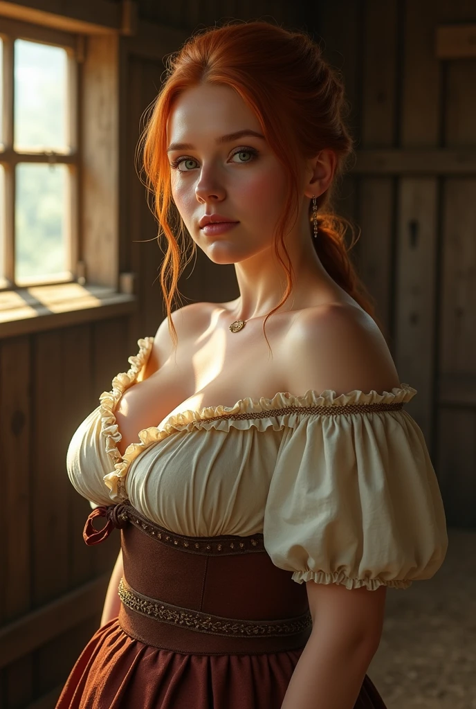 1 Girl (bright red hair: 1.3), shoulder length hair (photorealism: 1.4), realistic anatomy, medium breasts, beautiful woman, model, maid cosplay, sexy, 