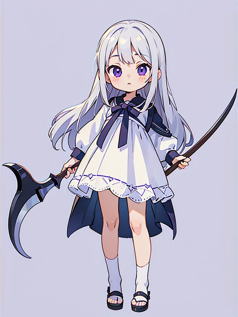 (masterpiece), (detailed), (detailed face), (detailed eyes) simple background, 1young girl, (child), (loli), purple eyes, eyes have light, standing, 1scythe toe, white hair, long hair, white dress, full body, (solo), ((realistic))