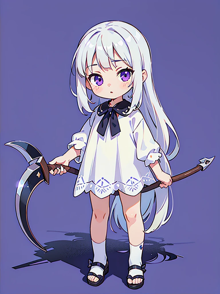 (masterpiece), (detailed), (detailed face), (detailed eyes) simple background, 1young girl, (child), (loli), purple eyes, eyes have light, standing, 1scythe toe, white hair, long hair, white dress, full body, (solo), ((realistic))
