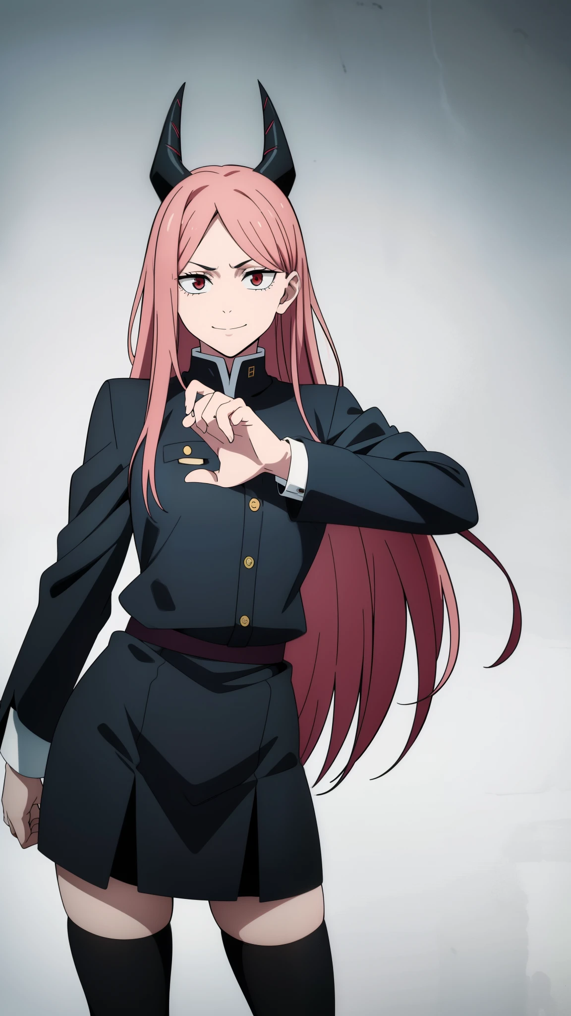 (high-quality, breathtaking),(expressive eyes, perfect face) 1girl, female, solo, teenager, pink hair, yellow and red eye color, long hair length, looking at viewer, half body, bright smile, kind face, cheerful expression, red sharp horns, anime shark teeth, dark black blue long sleeved shirt, collared shirt, ((dark black blue Skirt)), black thigh high socks, absolute territory jujutsu kaisen uniform, jujutsu high school uniform, flowy hair, feminine face, long straight hair, grey background, portrait, stylized hairstyle