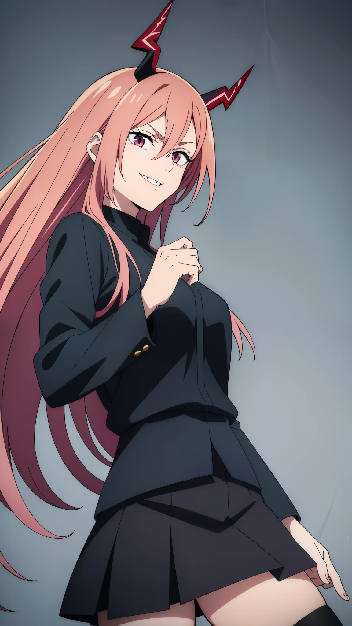 (high-quality, breathtaking),(expressive eyes, perfect face) 1girl, female, solo, ager, pink hair, yellow and red eye color, long hair length, looking at viewer, half body, bright smile, kind face, cheerful expression, red sharp horns, anime shark teeth, dark black blue long sleeved shirt, collared shirt, ((dark black blue Skirt)), black thigh high socks, absolute territory jujutsu kaisen uniform, jujutsu high school uniform, flowy hair, feminine face, long straight hair, grey background, portrait, stylized hairstyle