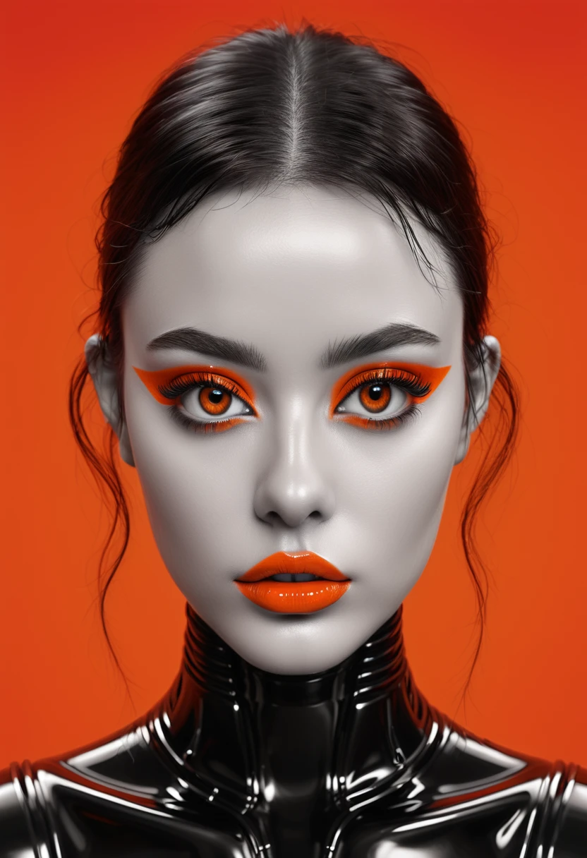 android portrait, half full body, biomorphic dystopia, Christopher Wool, Eikoh Hosoe, red and black tones, orange background, hyper detailed, 1girl, beautiful detailed eyes, beautiful detailed lips, extremely detailed eyes and face, long eyelashes, android, cyborg, futuristic, dystopian, surreal, abstract, digital art, photorealistic, (best quality,4k,8k,highres,masterpiece:1.2),ultra-detailed,(realistic,photorealistic,photo-realistic:1.37),HDR,UHD,studio lighting,ultra-fine painting,sharp focus,physically-based rendering,extreme detail description,professional,vivid colors,bokeh