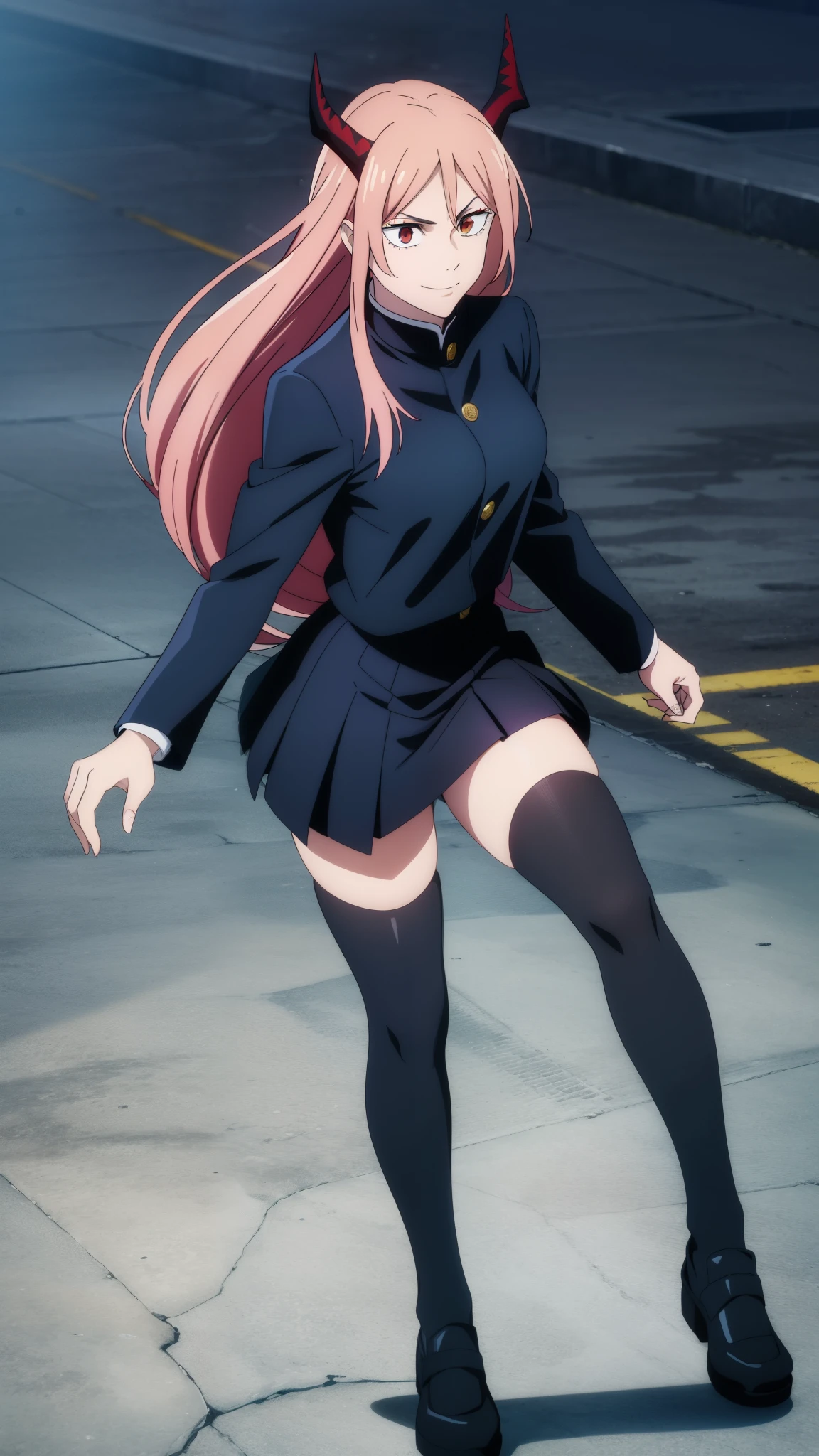 (high-quality, breathtaking),(expressive eyes, perfect face) 1girl, female, solo, teenager, pink hair, yellow and red eye color, long hair length, looking at viewer, half body, bright smile, kind face, cheerful expression, red sharp horns, anime shark teeth, dark black blue long sleeved shirt, collared shirt, ((dark black blue Skirt)), black thigh high socks, absolute territory jujutsu kaisen uniform, jujutsu high school uniform, flowy hair, feminine face, long straight hair, grey background, portrait, stylized hairstyle