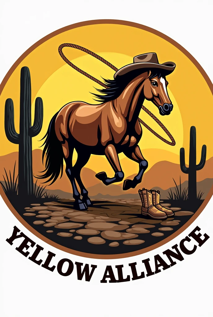 Circular logo with a cowboy theme(horse, rope, cactus, boots and hat and sheriff's badge) that says YELLOW ALLIANCE IN CAPITAL LETTERS AND IN SPANISH