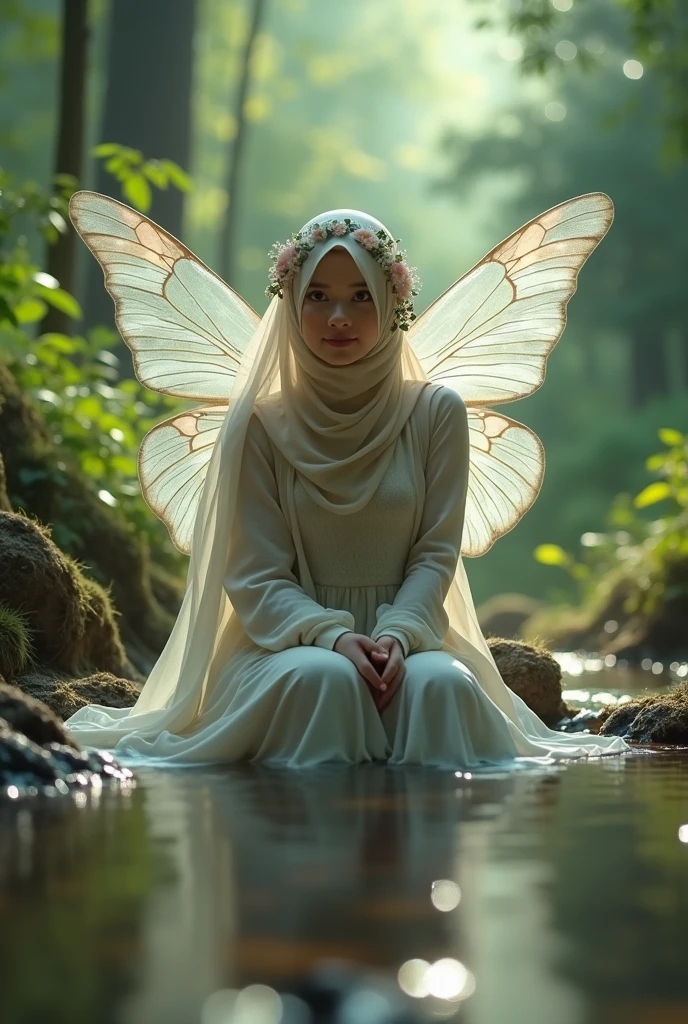 A fairy with a full hijab and she has beautiful white sparkling wings and she has magical aura around her