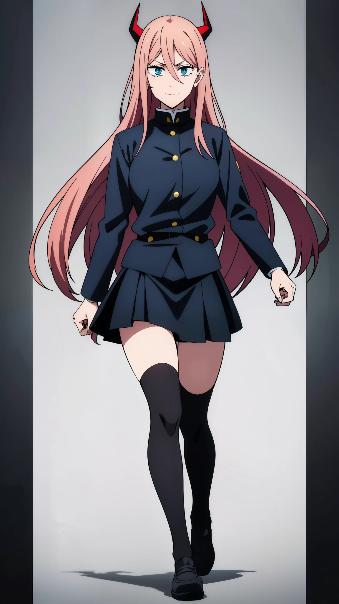 (high-quality, breathtaking),(expressive eyes, perfect face) 1girl, female, solo, teenager, pink hair, yellow and red eye color, long hair length, looking at viewer, half body, bright smile, kind face, cheerful expression, red sharp horns, anime shark teeth, dark black blue long sleeved shirt, collared shirt, ((dark black blue Skirt)), black thigh high socks, absolute territory jujutsu kaisen uniform, jujutsu high school uniform, flowy hair, feminine face, long straight hair, grey background, portrait, stylized hairstyle