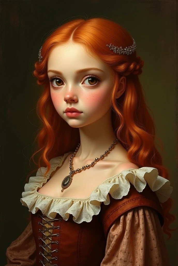 Create a Renaissance painting of how you imagine me using warm colors and a silk dress with pearls: I have elongated droopy hazel eyes, very white skin, sharp, half-European nose, face with large cheeks and thin chin with a dimple, wavy hair with a very yellowish and dark red color and a mouth with a well-defined Cupid's bow, small and a little fleshy