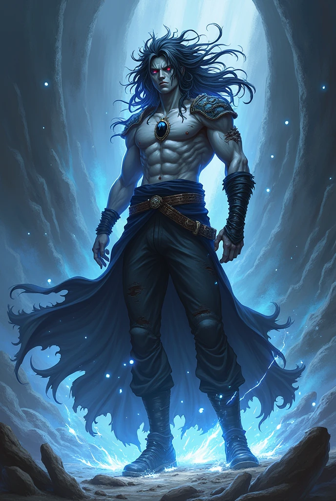 "Create an image that depicts Hades, inspired by the book descriptions of Hades and Persephone, written by Scarlett St. Clair. Hades is described as an imposing and seductive Greek god with a dark and powerful aura. He possesses a tall stature and a sculpted body, emanating strength and authority. Her black hair is long and dense, falling in seductive waves over her broad shoulders. His deep eyes are the most intense blue color, conveying a magnetic mystery. He has majestic black horns that curve elegantly around his head, further underscoring his divine nature. The expression on his face reflects a piercing gaze, full of power and knowledge of the dark world he rules. His skin is pale, like the silvery light of the moon, contrasting with the gloomy scenery around him. In addition, Hades is depicted wearing elegant and majestic costumes, which perfectly match his imposing presence. Their appearance is a balance between beauty and power, attracting both admiration and awe. When creating the image of Hades, be sure to capture his dominant presence, the intensity of his gaze, and the combination of his dark and seductive features. The image should convey the strength and mystery that surrounds it, bringing to life this fascinating Greek god of the underground."