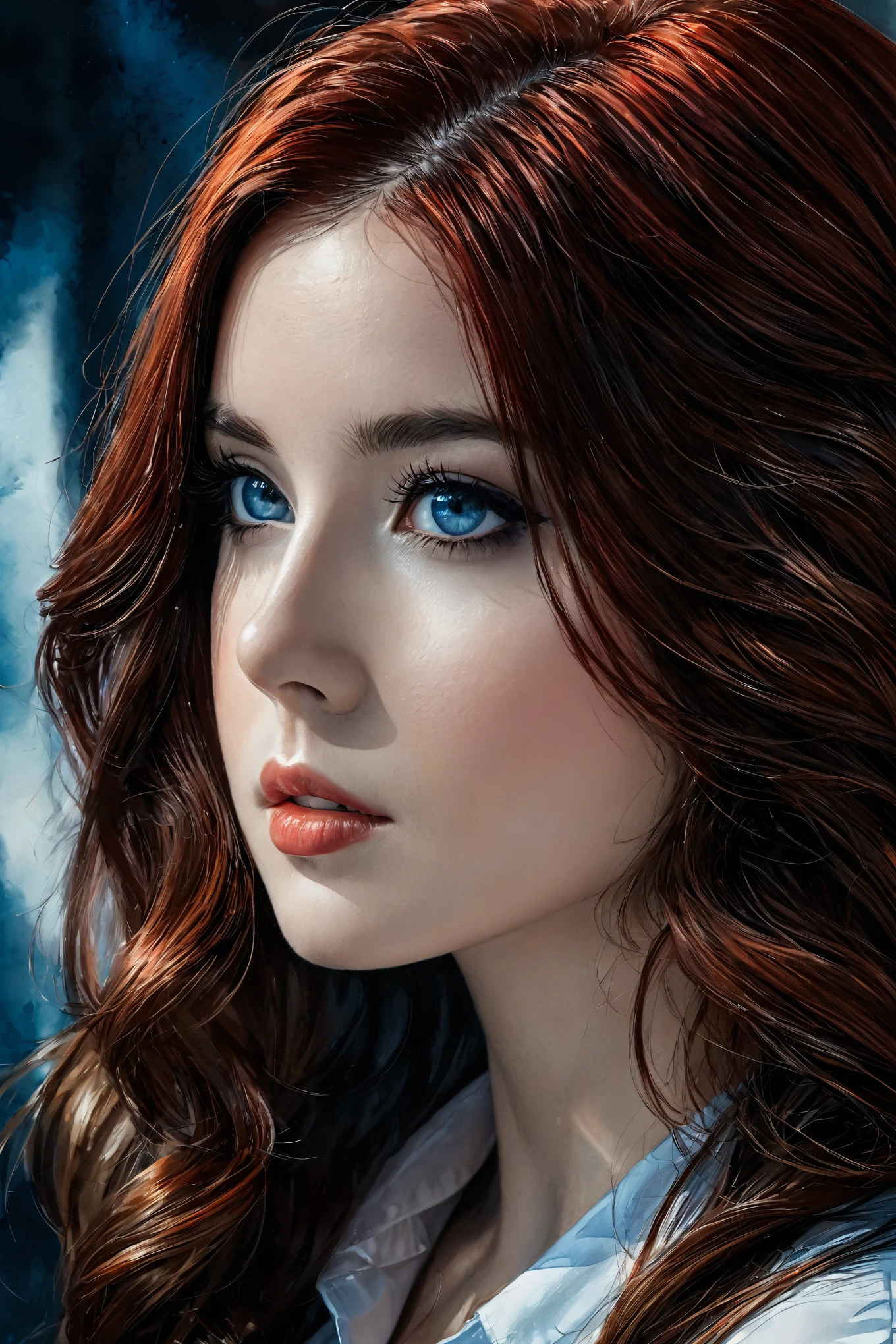 A close up of a woman with red hair and blue eyes - SeaArt AI