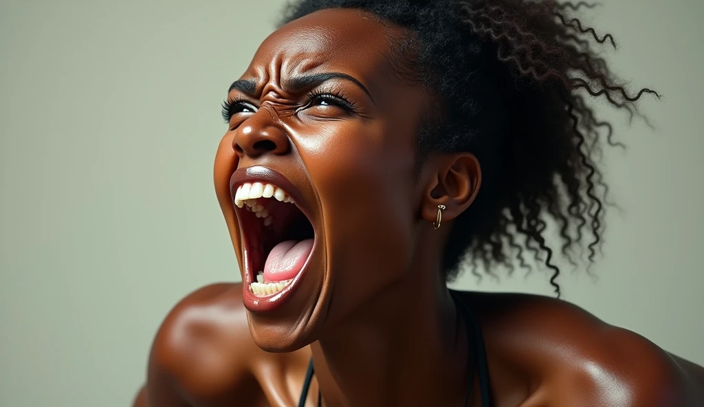 woman 50 years old from a village in Ethiopia completely naked with very small breasts and small black nipples and hair around the vagina. woman 50 years old from a village in Ethiopia completely naked sits on her knees and opened her mouth wide to take a penis in her mouth