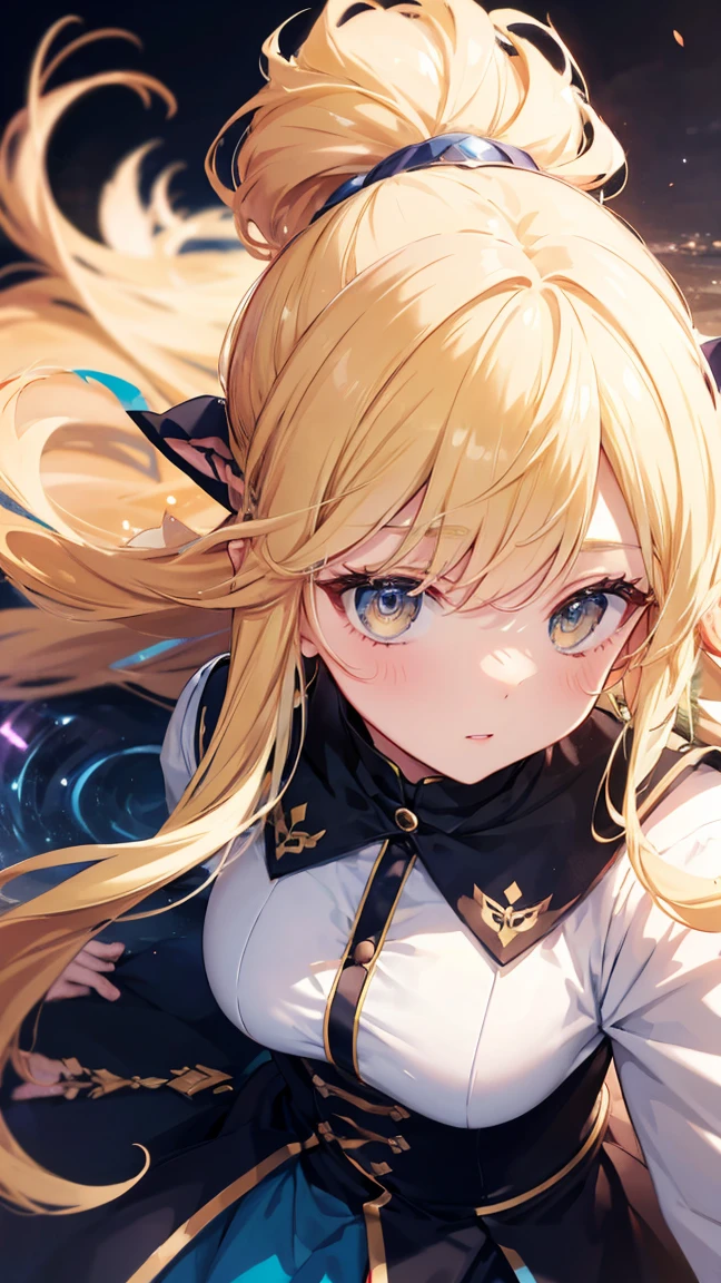 a detailed anime girl with sharp pointed ears, long flowing hair, blush on cheeks, bangs, yellow eyes, viewed from above, hyperrealistic, 8k, best quality, masterpiece, volumetric lighting, vibrant colors, dramatic lighting, intricate details, photorealistic
