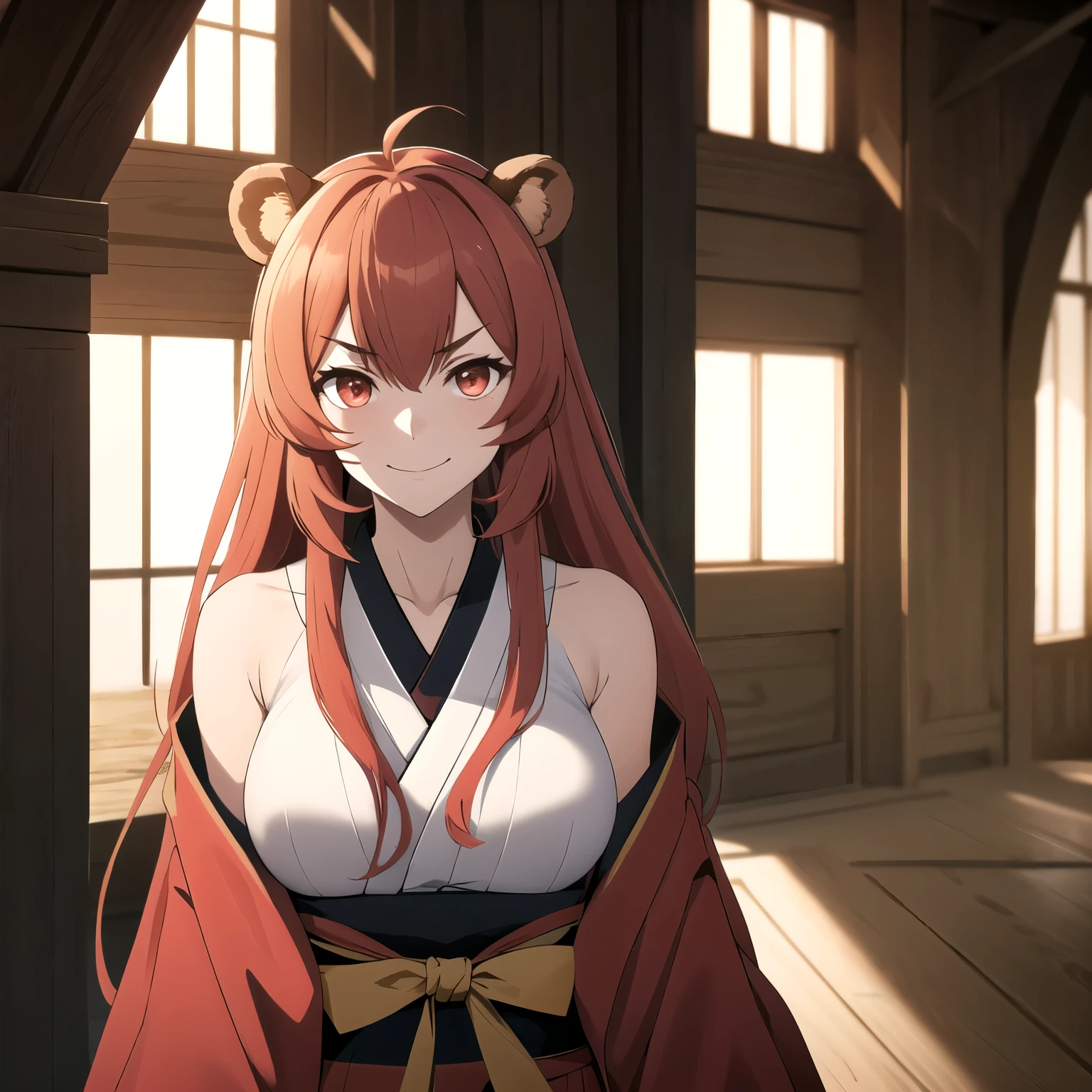 raphtalia . woman 30 years old, Bear  , Red hair, short eyebrows, red eyes, evil look, evil smile, large breasts,  low-cut kimono . bear ears.