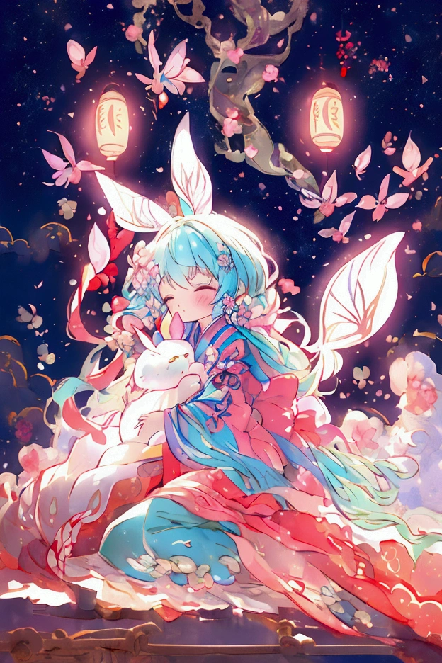 Full body image of fantasy creature in distant view，anime characters，pastel painting illustration，Colorful，Delicate brushwork，Hand-drawn illustration，Japanese art，A huge light-transmitting transparent pupa，Beautiful poisonous moth personified，A beauty with seductive appearance，Hairy moth wings，Sit and hug your body，The background is the darkest light，Exquisite decorative border，Colorful translucent pupa，clean gradient background，poignancy，Aesthetics，Mystery，Add a little watercolor