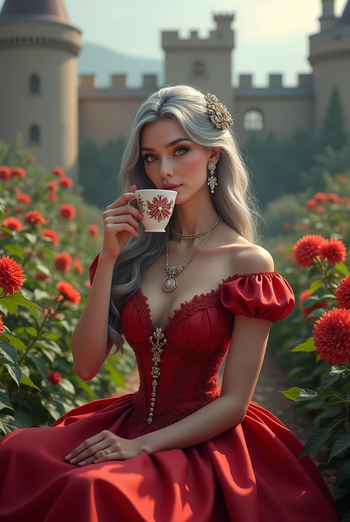 Gray Hair Woman, Gray Eyes, Royalty, Red Dress, Red Jewelry, Red Earrings, Lunar, Nobility, Noblewoman, High Quality, Highly Detailed, Detailed Face, Masterpiece, Castle, Drinking Tea, Garden, Flowers, Lights