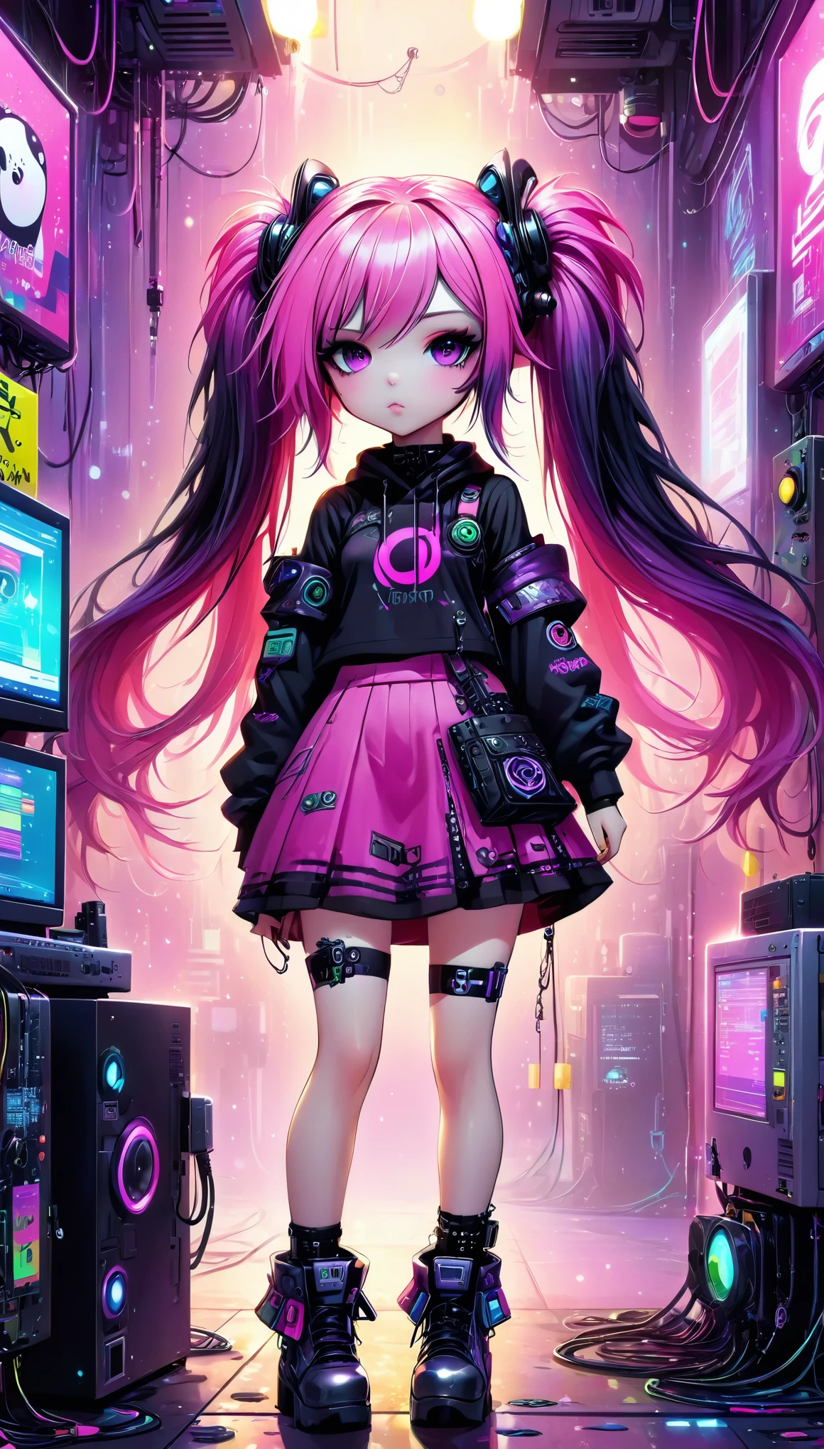 anime style:1.6, full body, leaning on a pair with pissing signs, 1 cyber goth girl, Long hair in a pink color with a gradient of violet, cyber goth clothing, very colorful scene, neon lights, cyber ornaments, computers, computer terminals, Japanese manga style:1.5. HD,Hyper detailed and realistic 8K, skin texture:1.4