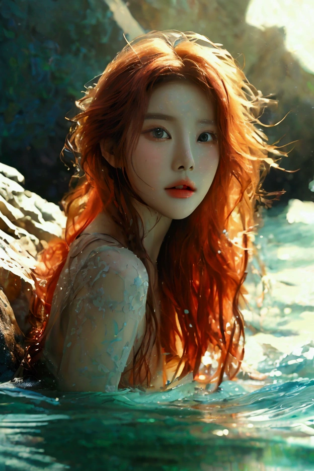 An amazing photo of a beautiful Korean woman inspired by the character Ariel in the impressive Disney movie The Little Mermaid. The woman shows off her red long hair and looks like a mermaid. She shows off her beautiful face and appearance. The woman looks like a model with a bright expression on the sea beside a rock on a warm and beautiful beach. The photo delicately captures a Korean woman who is very similar to the character Ariel.