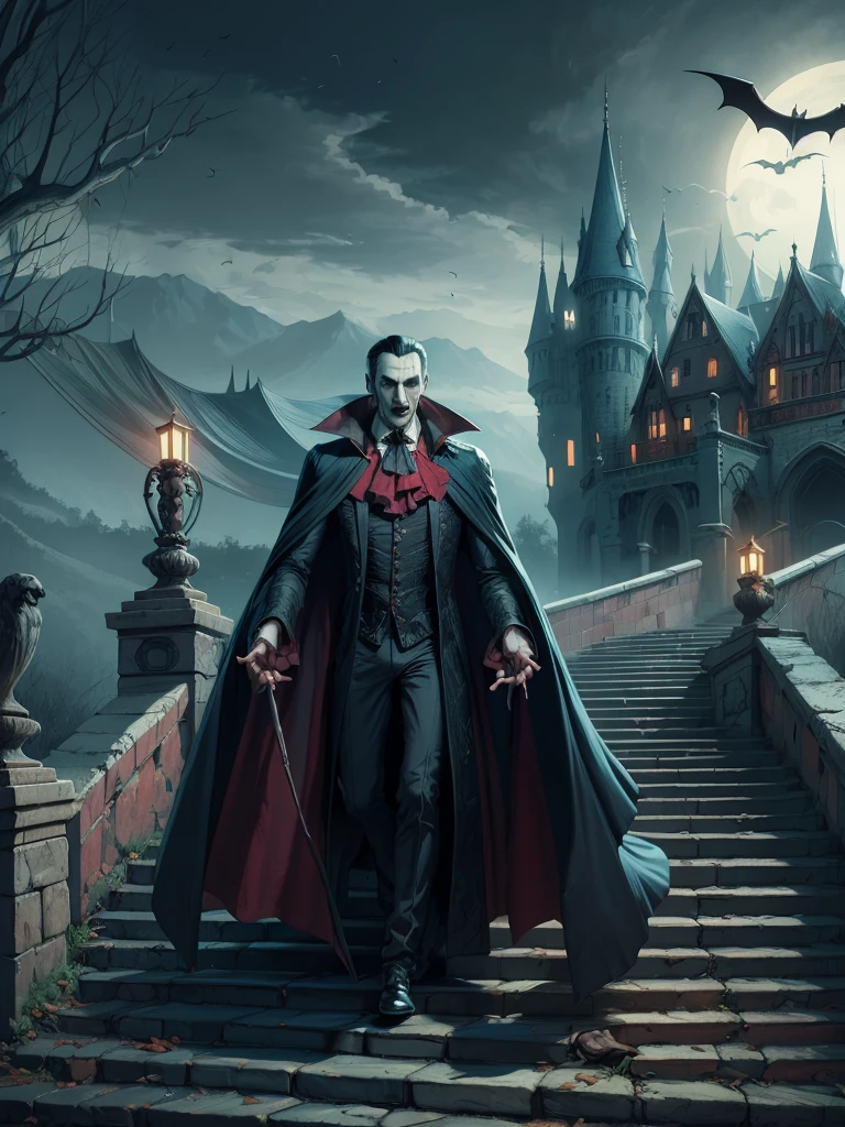 a man in a dracula costume standing on a set of stairs, count dracula, vampires fantasy, dracula, victorian vampire, dracula's castle, vampire lord, dark vampire, scary vampire, elegant victorian vampire, old - school dark fantasy art, castlevania, castelvania, male vampire, horror fantasy art, vampire of clan lasombra, one man vampire, gothic fantasy art(masterpiece), (best quality), comics style, analog style, illustration, lineart, Laura