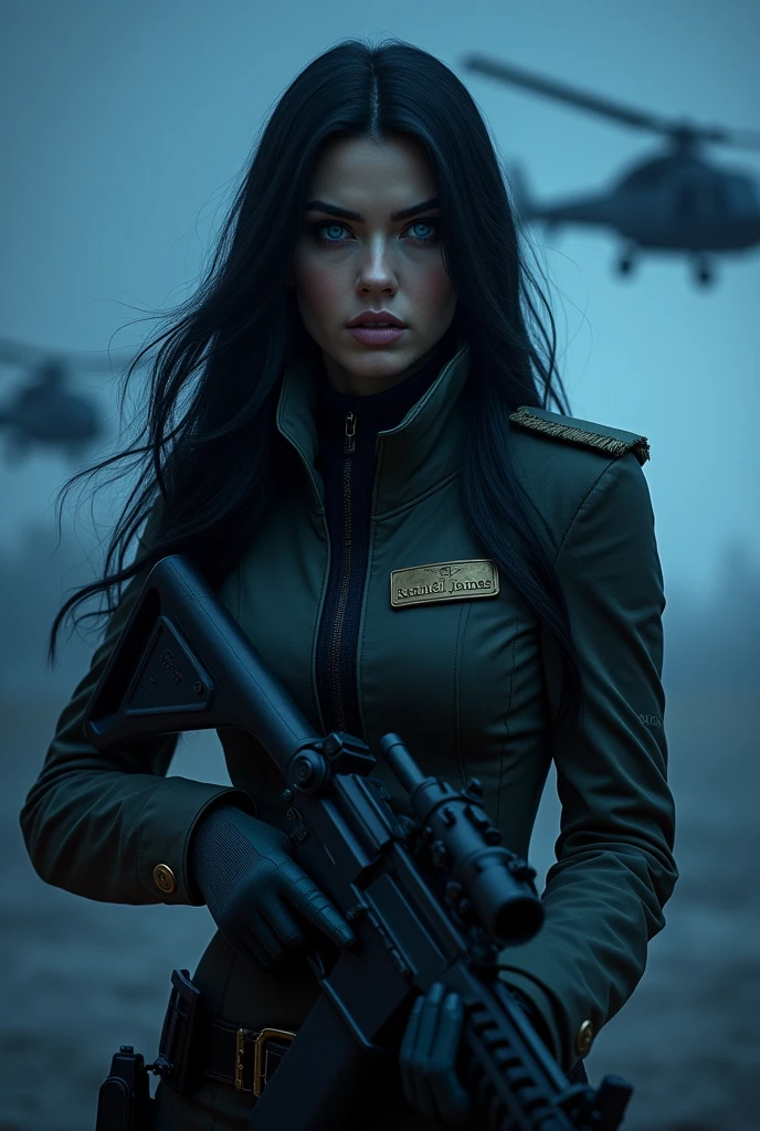 Commando movie poster, beautiful woman, medium dark long hair, with big gun in hands, black clothes, rivets, explosions, cars, airplanes, just one body