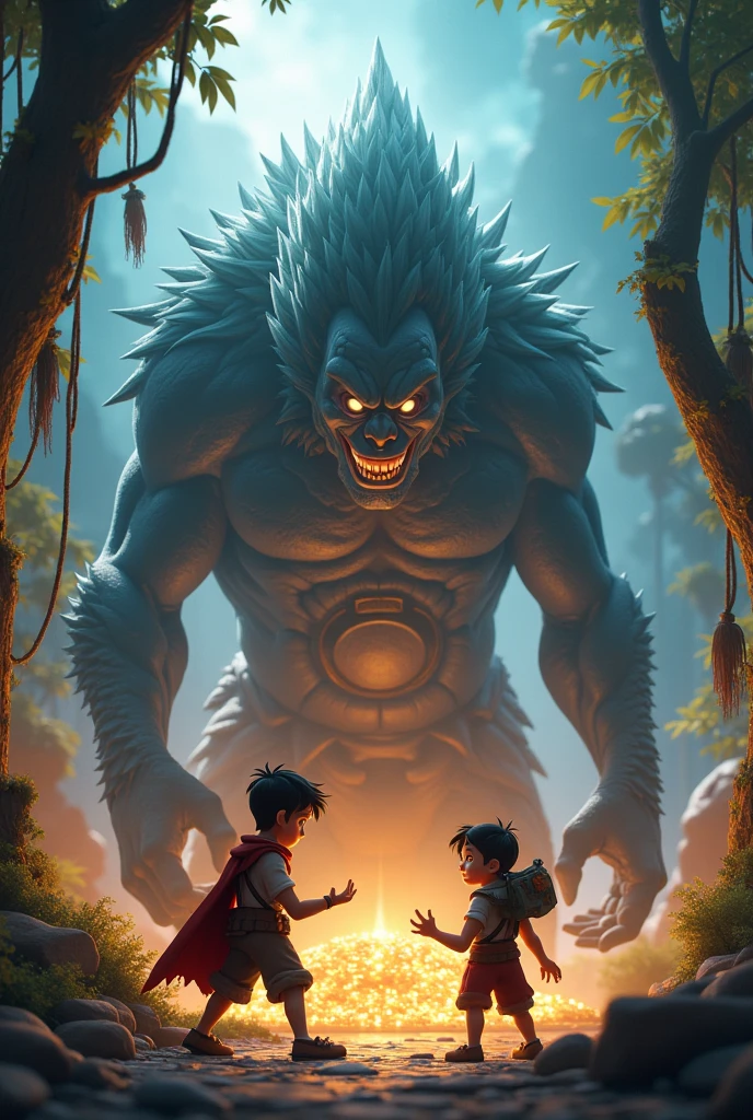 “Hugo, a determined teenage boy with short, tousled dark hair and intense eyes, stands in a room filled with shattered mirrors. He wears a blue jacket, gripping a shard of a mirror to reflect a beam of light towards a monstrous figure. The creature, Azazel, is a horrifying amalgamation of decaying skin and broken bones, its hollow eye sockets glowing with a malevolent, infernal light. Azazel looms menacingly over Hugo. In the corner of the room, a young girl huddles, trembling in fear, her eyes wide with terror. The light from the mirror shards creates eerie reflections, casting chaotic beams around the dark, oppressive room, adding to the intense atmosphere of the scene.”