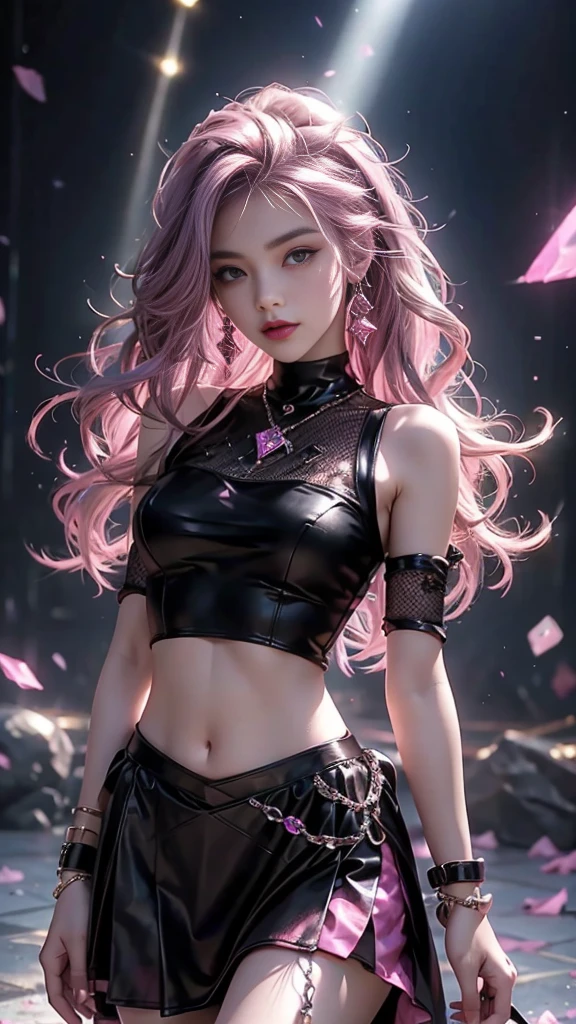 4K, UHD, masterpiece, Best quality, 1 girl, detailed face, detailed eyes, realistic Eyelid, Kda, Alone, very Long hair, small breasts, ((pink and black dress)), ankle-length skirt, ((mesh arm clothing)), (bare navel), looking at viewert, Multicolored glowing crystals, heart sparkle, neon sparkle, bloom, ray tracing, god rays, HDR, DSLR,