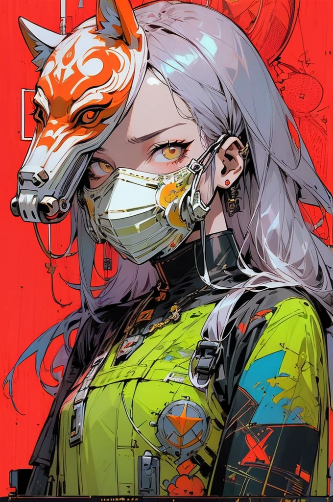 ((Teenager with freckles and bright green eyes):1.5), half-length shot, solid crimson background, yellow and black technological techwear outfit with a gas mask, ((a menacing red and black dragon design glowing behind)), action pose, detailed, abasterpiece)), ((best quality)), ultra detailed,((illustration)), dynamic angle, detailed light, (delicate eyes), (ahoge:0.8),apathy, ray,frontage,style of anime4 k, 4k anime wallpaper, badass anime 8 k, 4 k comic wallpaper