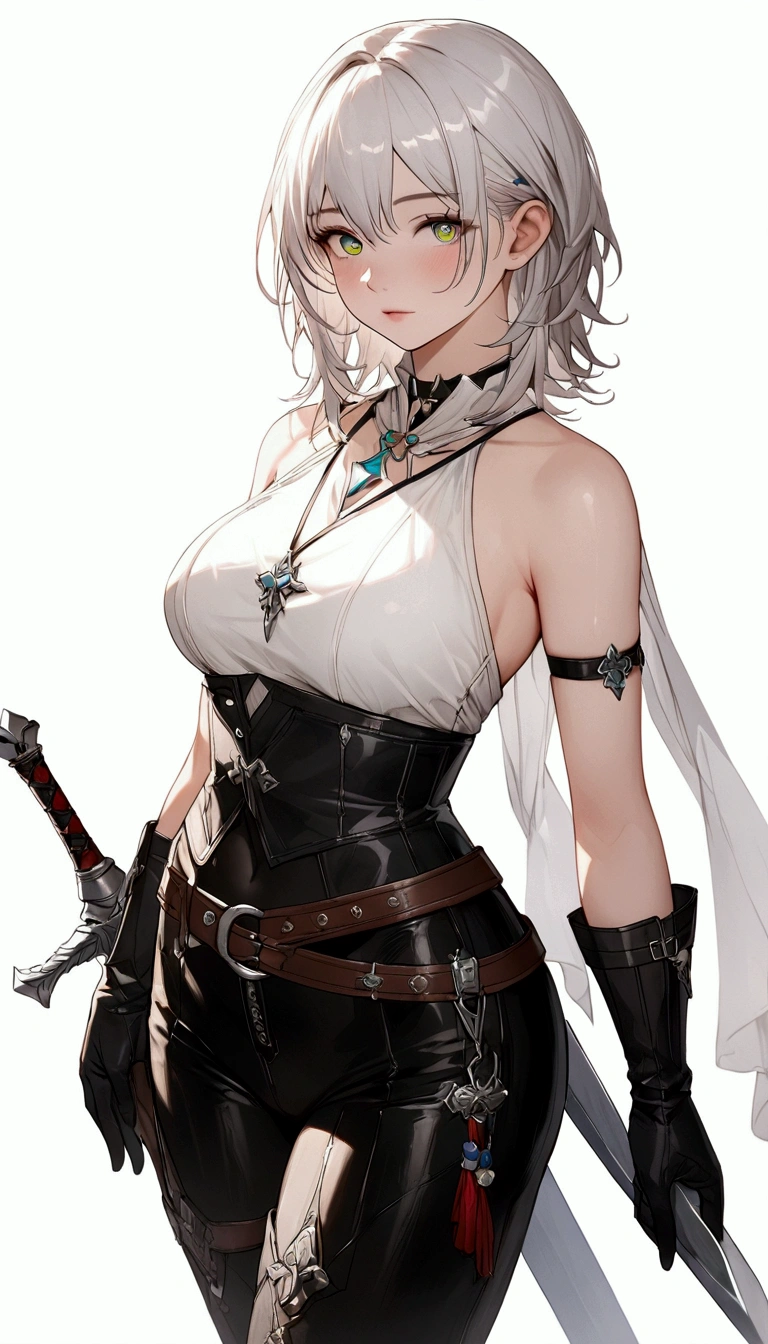 (absurdres, 8k, 4k, masterpiece, hyper extreme detailed:1.2), solo, 1girl, front view portrait, best quality, expressive eyes, perfect face, 1girl, portrait, solo, Female, mature female, adult, pale skin, black nails, white skin, black ribbon, red eyes, black eyepatch, annoyed, tattered clothing, armor, ripped clothes, oversized shirt, , swept bangs, side bangs, messy hair, long hair, hair covering forehead, perfect anatomy, anatomically correct, looking forward, forward view, expressive eyes, perfect eyes, quanxi, ponytail, eyepatch, Zero, full body, hand on hip, covered breasts, right hand on head, left hand on hip, solo, leaning back, window background, WhiteOutfit,