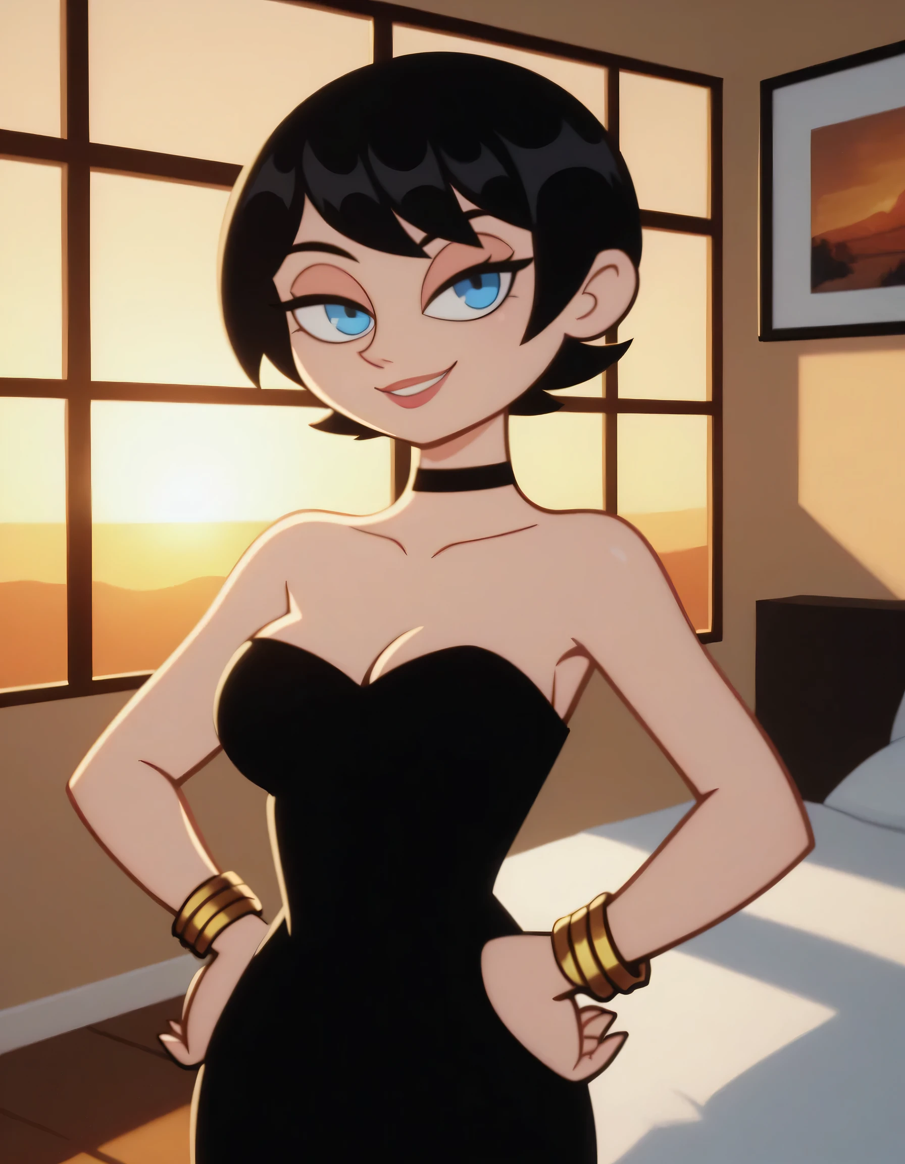 1girl, ke4n3PPG, short hair, black hair, hair bob, blue eyes, hands on hips, strapless black tube dress, black chocker, gold bracelets, indoor bedroom, a yellow sunset from her window, seductive smile