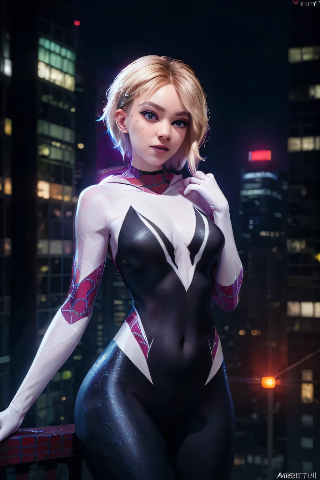 spider-gwen, Facing the camera, detailed costume, Big breasts, slender body,vibrant colors,facial expressions that exude confidence and allure,spider web pattern on costume,dynamic lighting,sharp focus,Bright eyes,attractive hips,thin waist