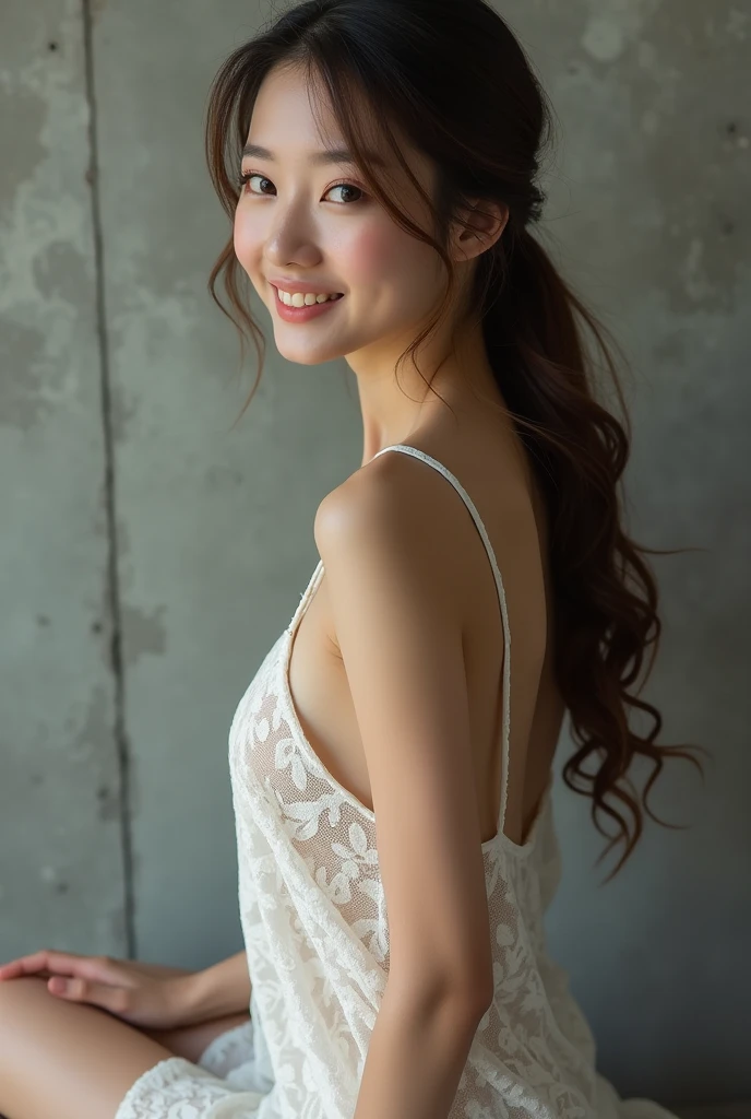 (Highest quality:1.4),(masterpiece:1.4),(Realistic:1.4),(Realistic:1.2),(超High resolution, RAW Photos:1.4),(High resolution, Very detailed:1.2),(8k:1.2),photograph,(Shot from behind:1.3)、Korean women、brown hair photos,One Woman,alone,(In underwear),Very large breasts,((Thigh to head shot:1.3))、(((topless、You can see her large breasts from the side.)))、((Toothy smile))、((Very large breasts:1.4))、Realistic skin textures、Slightly freckled、Slender figure、Realistic skin textures、((background,Concrete wall:1.3)),(topless,The breast is visible from the side:1.6),(Long lace slip,White)、3 woman、The angle at which the nipple is not visible、((Updo long hairstyle))、((Black,Long lace slip:1.4))、Correct toes、Detailed facial features、Long slip covers the buttocks and soles of the feet、Long slip covers your butt、