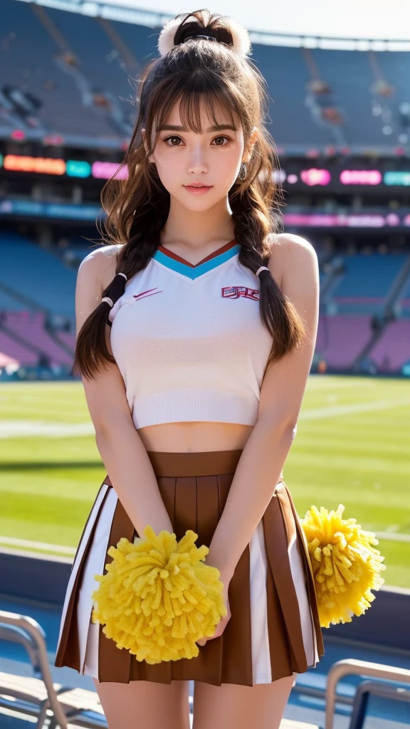 cheer girl、Green uniform、Highly detailed CG Unity 8k wallpaper, of the highest quality, super detailed, masutepiece, Realistic, Photorealistic, extremely detailed cute girl, 25 years old, (cheer girl:1.3), (Skirt:1.homme pom pom:1.1) , blush, Parted lips, Round eyes, medium breasts, viewer, Full body, (pantie shot) , Stadium, (Large crowds),Curve